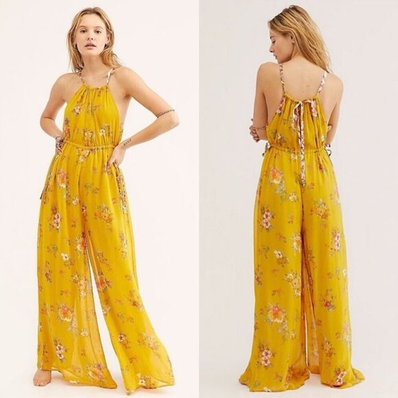 Free People Georgia Floral Chiffon Sleeveless Wide Leg Jumpsuit Gold Combo Sz S - Picture 1 of 15